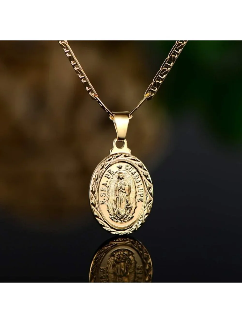 18K Gold Plated Flat Mariner Chain Necklace with Virgin Mary Guadalupe Charm